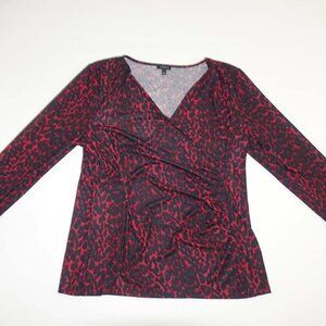 Talbots Women's V-Neck Blouse Large 3/4 Sleeves Red Black Polyester Top Shirt L